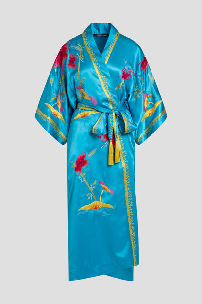 Couture Bali Embroidered Silk Robe Azure