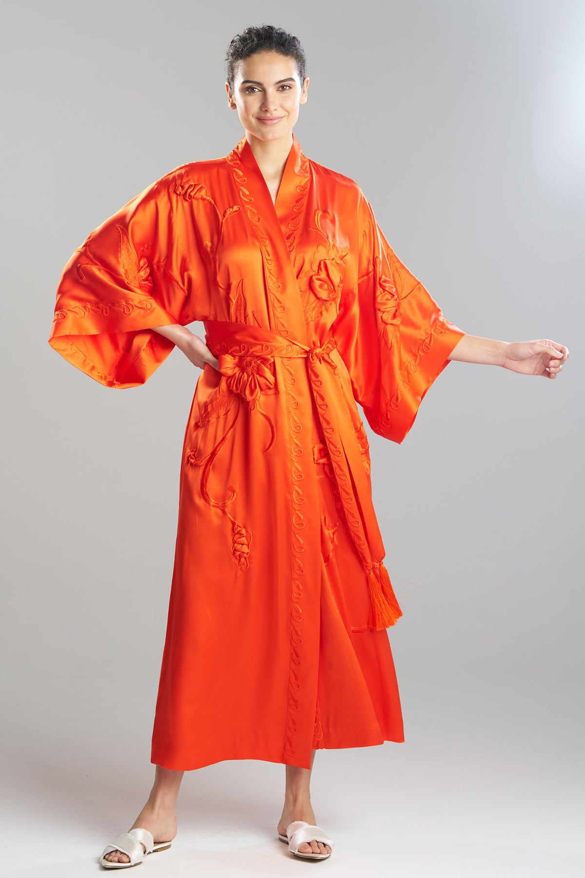 Couture Mokuren Embroidered Silk Robe Blood Orange