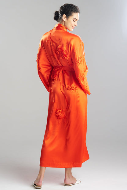 Couture Mokuren Embroidered Silk Robe Blood Orange