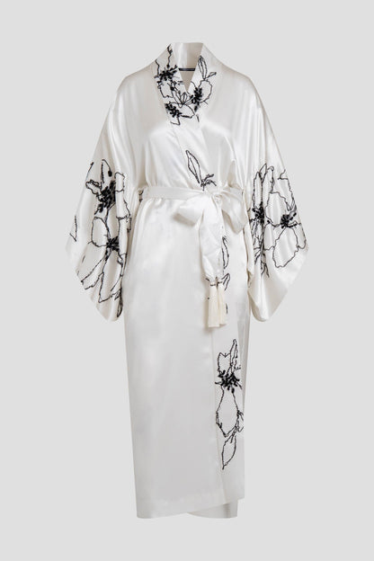 Couture Yumi Embroidered Silk Robe Warm White