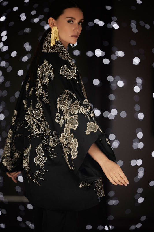 Couture Nara Embroidered Silk Kimono Wrap Black/White