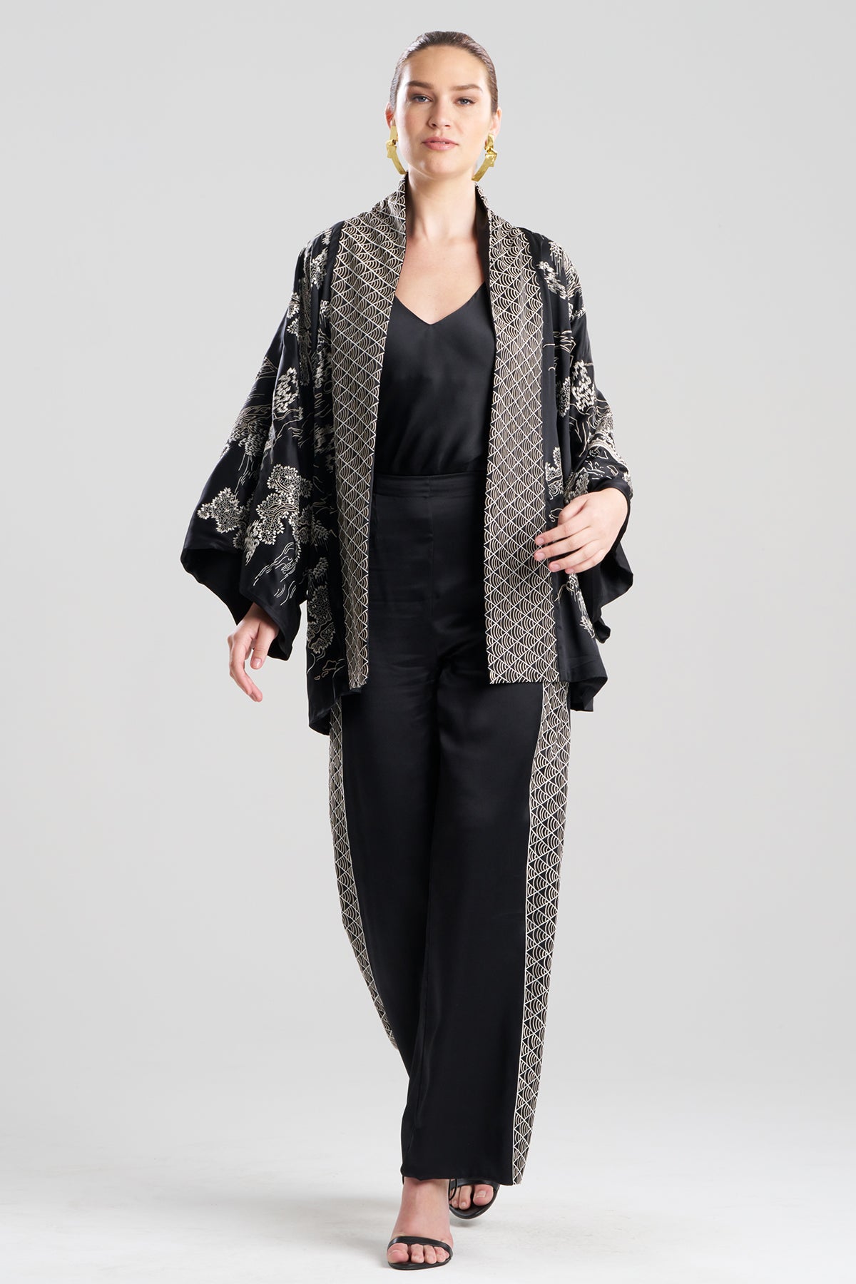 Couture Nara Embroidered Silk Kimono Wrap Black/White