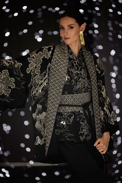 Couture Nara Embroidered Silk Kimono Wrap Black/White