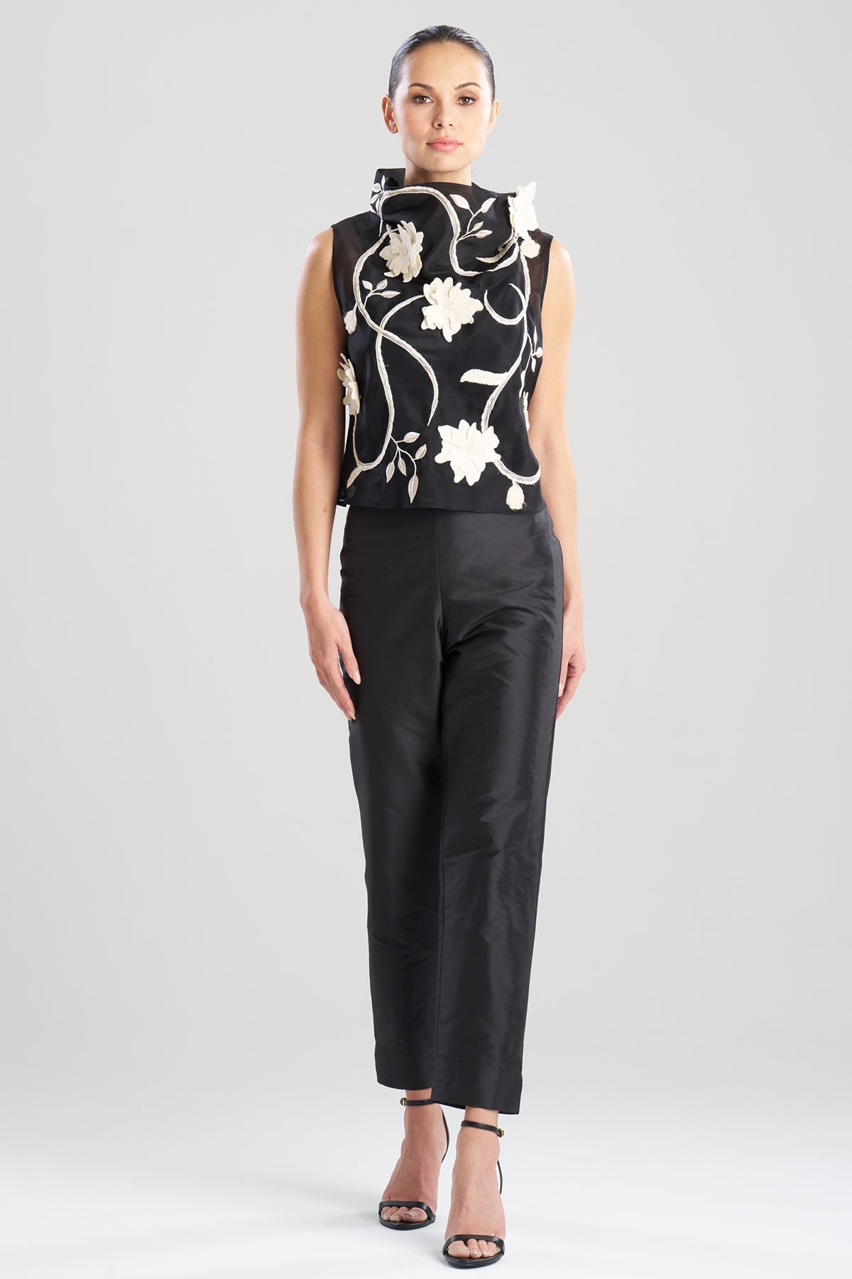 Couture Silk Organza Embellished Funnel Neck Top Black