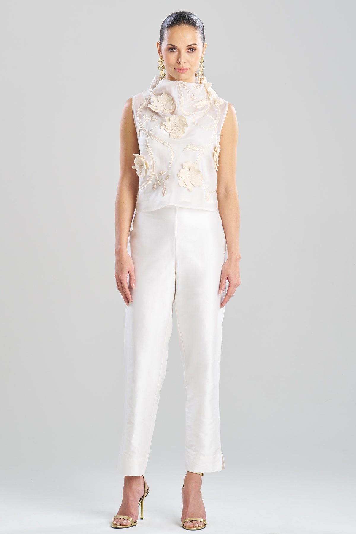Couture Silk Organza Embellished Funnel Neck Top White