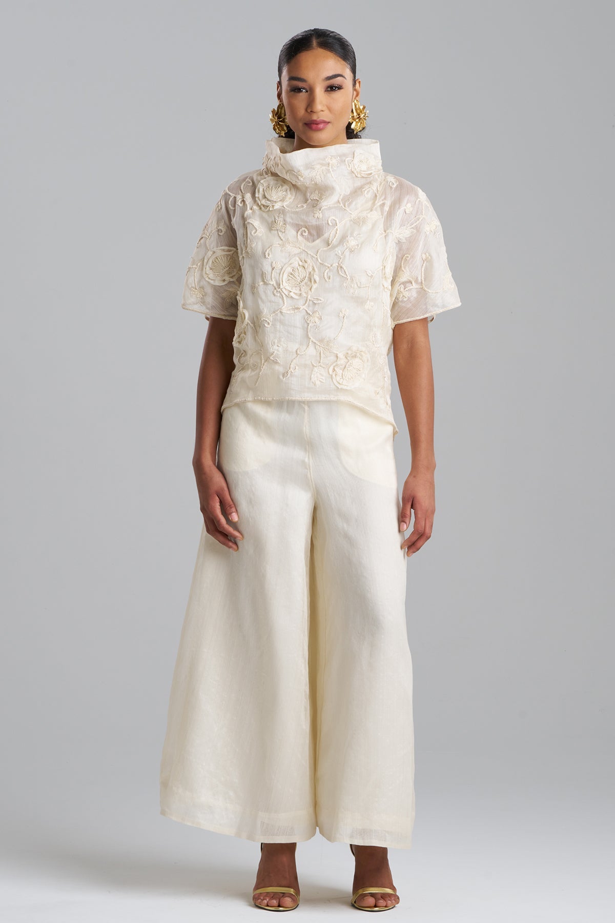 Couture Piña Embroidered Funnel Neck Top Natural