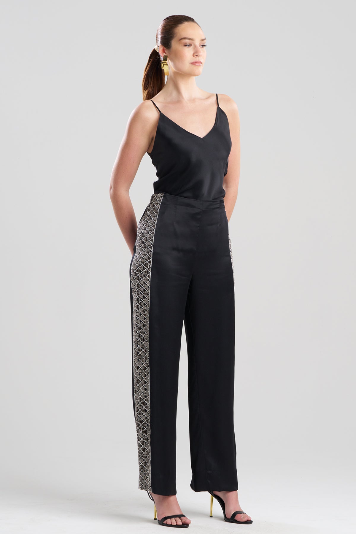 Couture Nara Embroidered Silk Pants Black/White