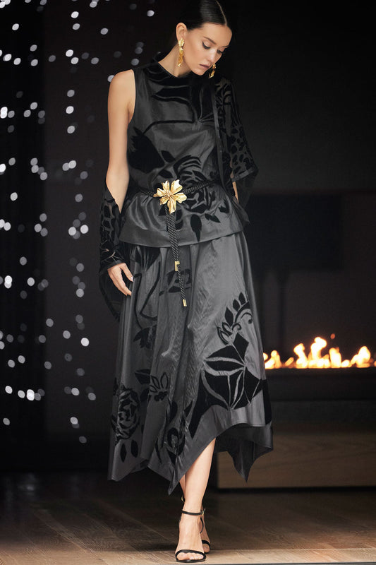 Couture Silk Dupioni Embroidered Skirt Black