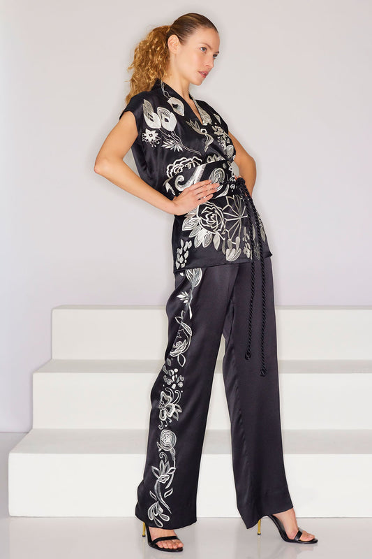 Couture Nouveau Embroidered Silk Pants Black