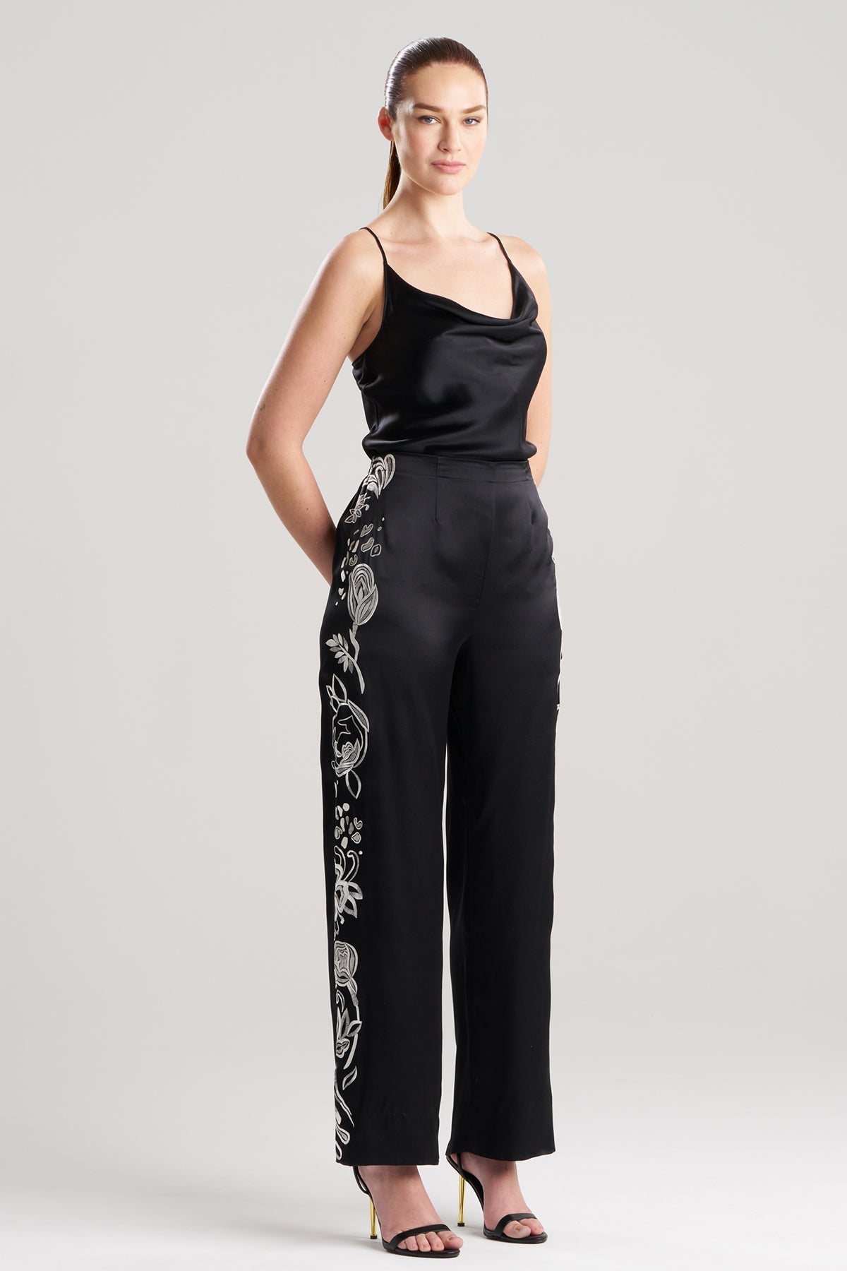 Couture Nouveau Embroidered Silk Pants Black