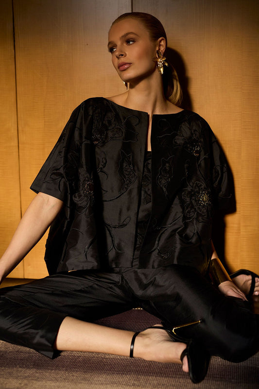 Couture Silk Dupioni Embellished Short Jacket Black
