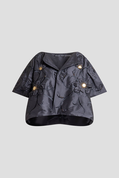 Couture Silk Dupioni Embellished Short Jacket Black