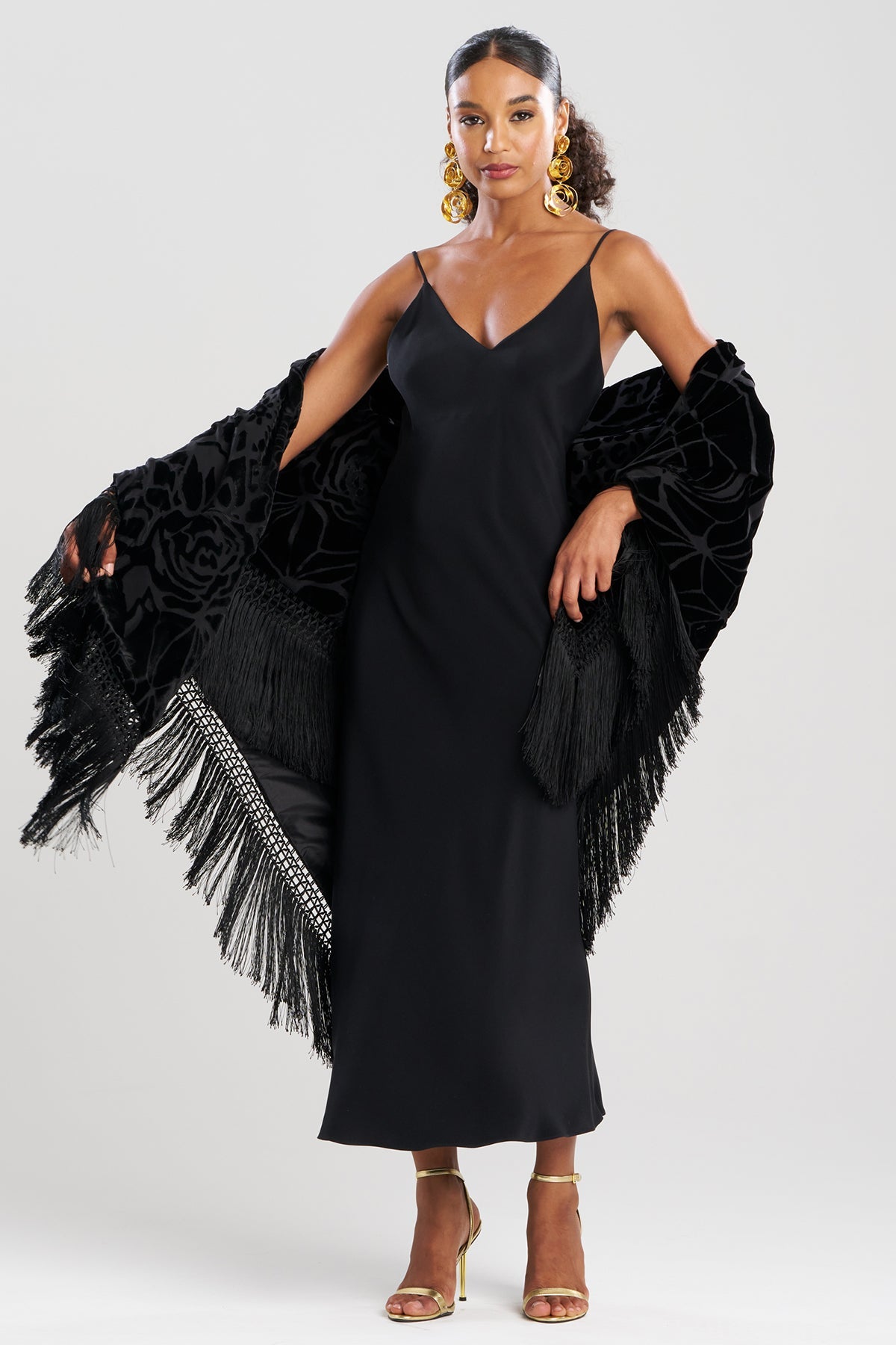 Couture Burnout Velvet Fringe Shawl Black