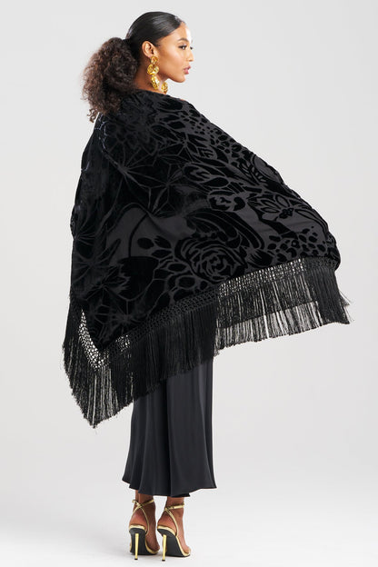 Couture Burnout Velvet Fringe Shawl Black