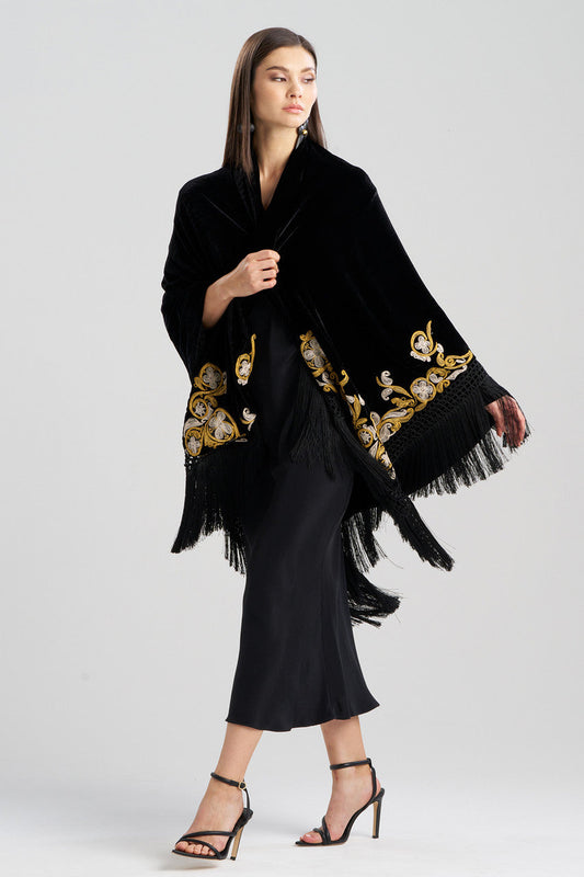 Buy Couture Velvet Embroidered Fringe Shawl in Black Online Black