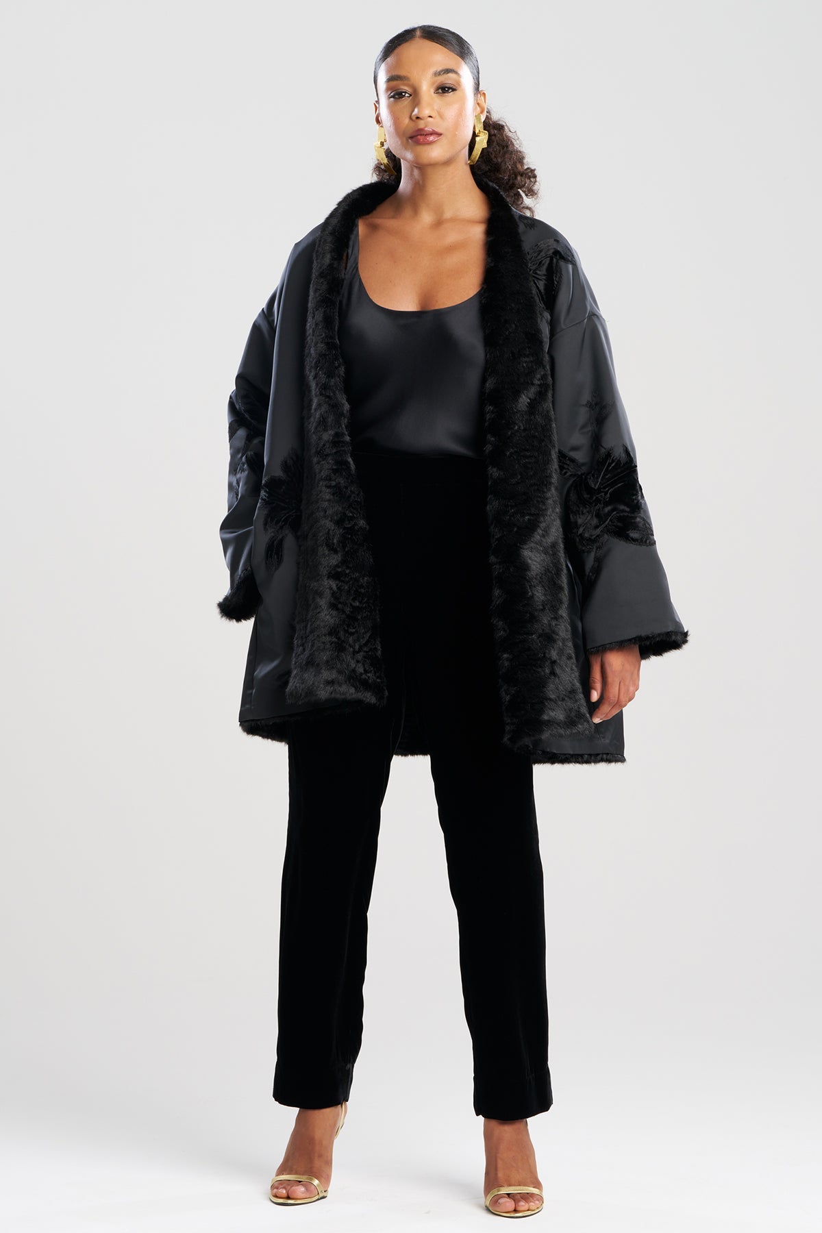 Couture Duchess Satin Embroidered Fur Coat Black