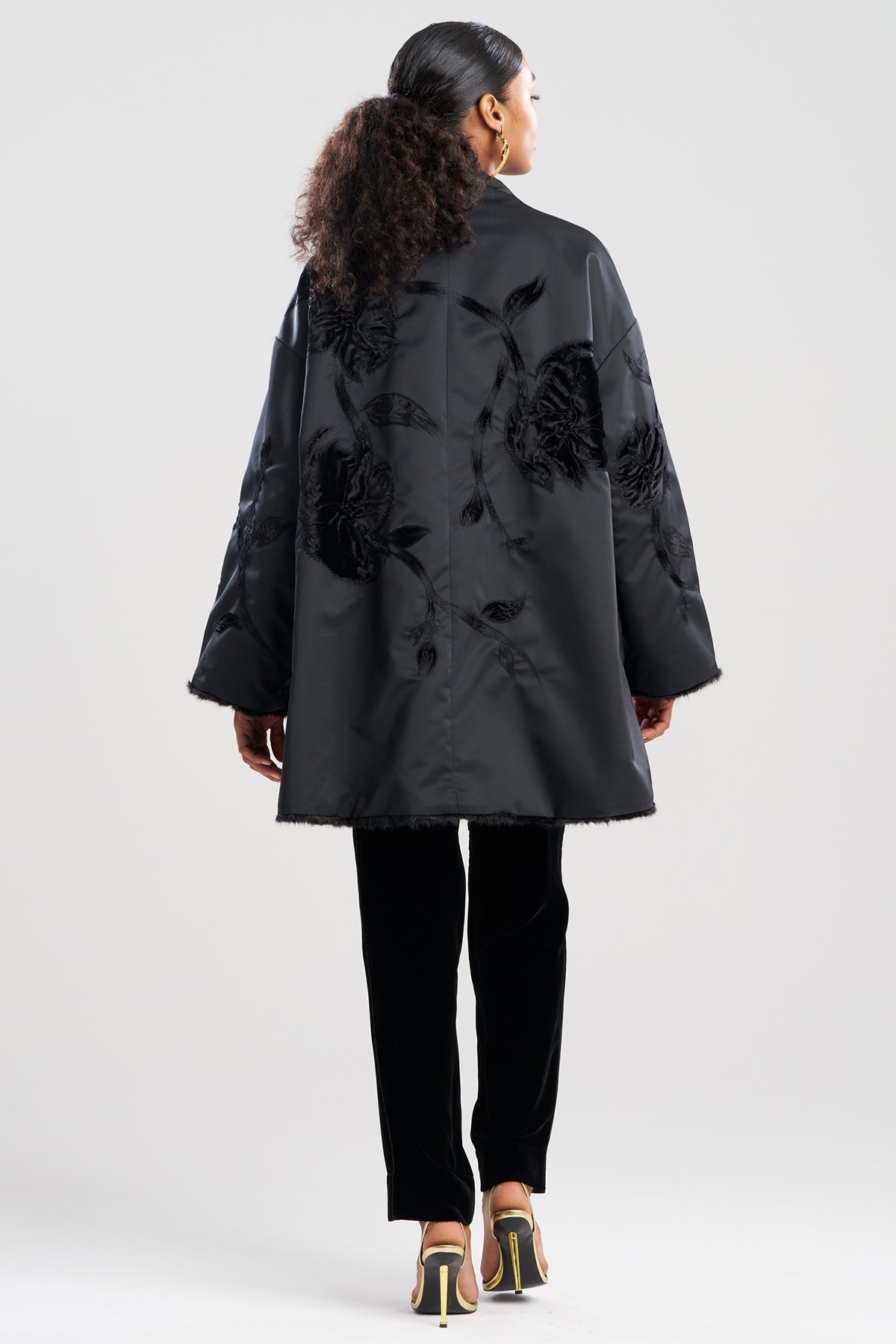 Couture Duchess Satin Embroidered Fur Coat Black