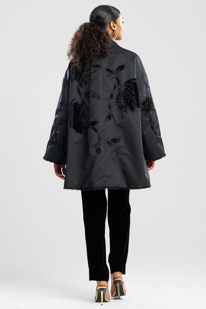 Couture Duchess Satin Embroidered Fur Coat Black
