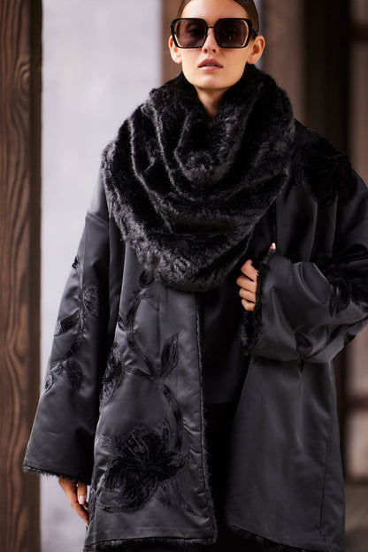 Couture Duchess Satin Embroidered Fur Coat Black