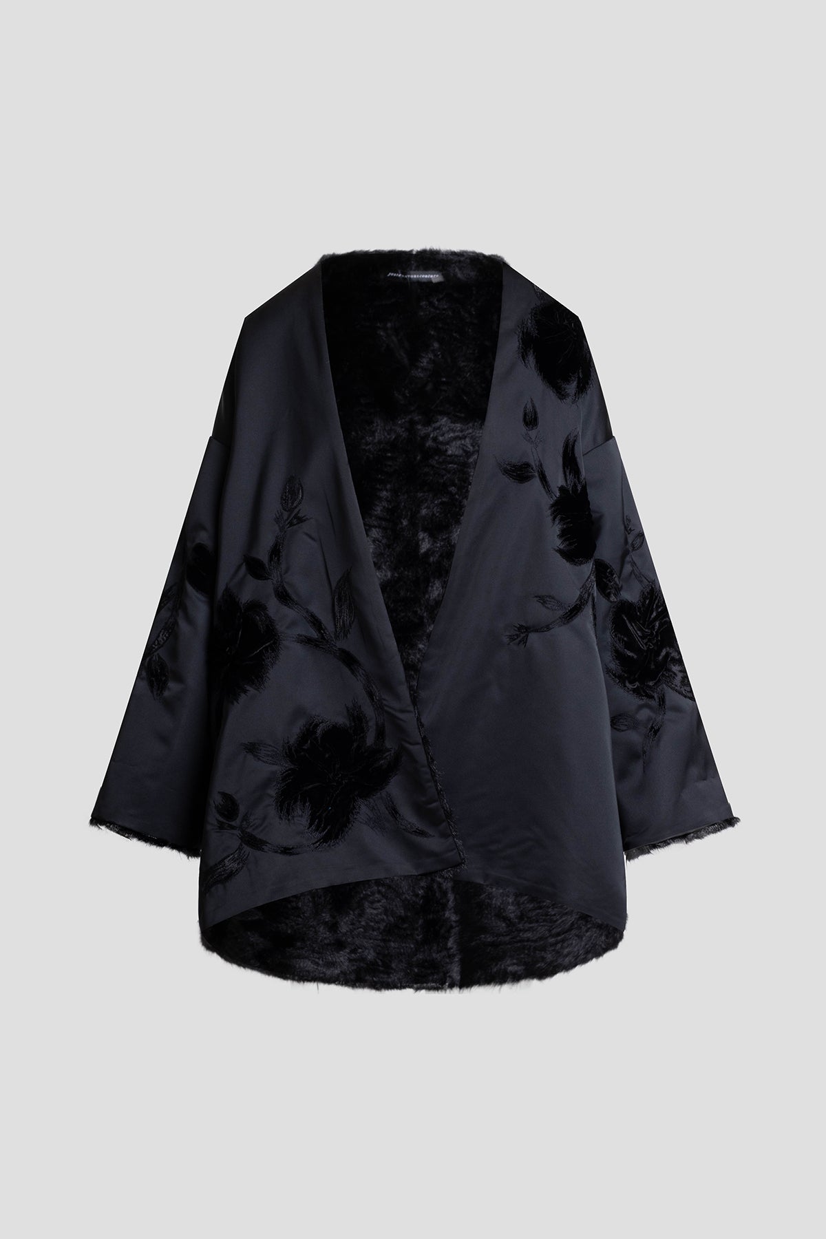 Couture Duchess Satin Embroidered Fur Coat Black