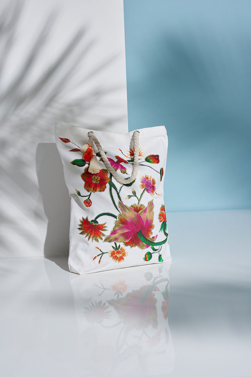 Buy Chikayo Embroidered Canvas Tote Bag in White Multi Online White Multi