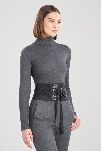 Buy Vegan Luxe Lambskin Embroidered Scroll Obi Belt in Black Online Black