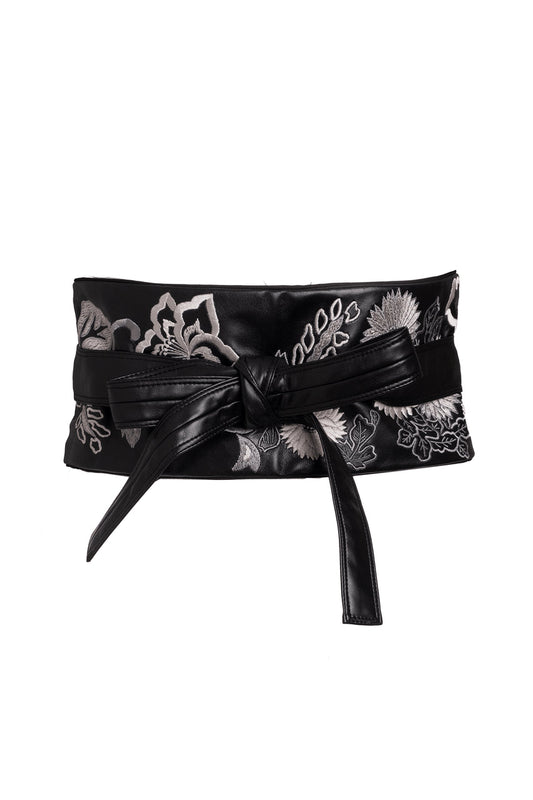 Buy Vegan Luxe Lambskin Embroidered Obi Belt in Black Online Black