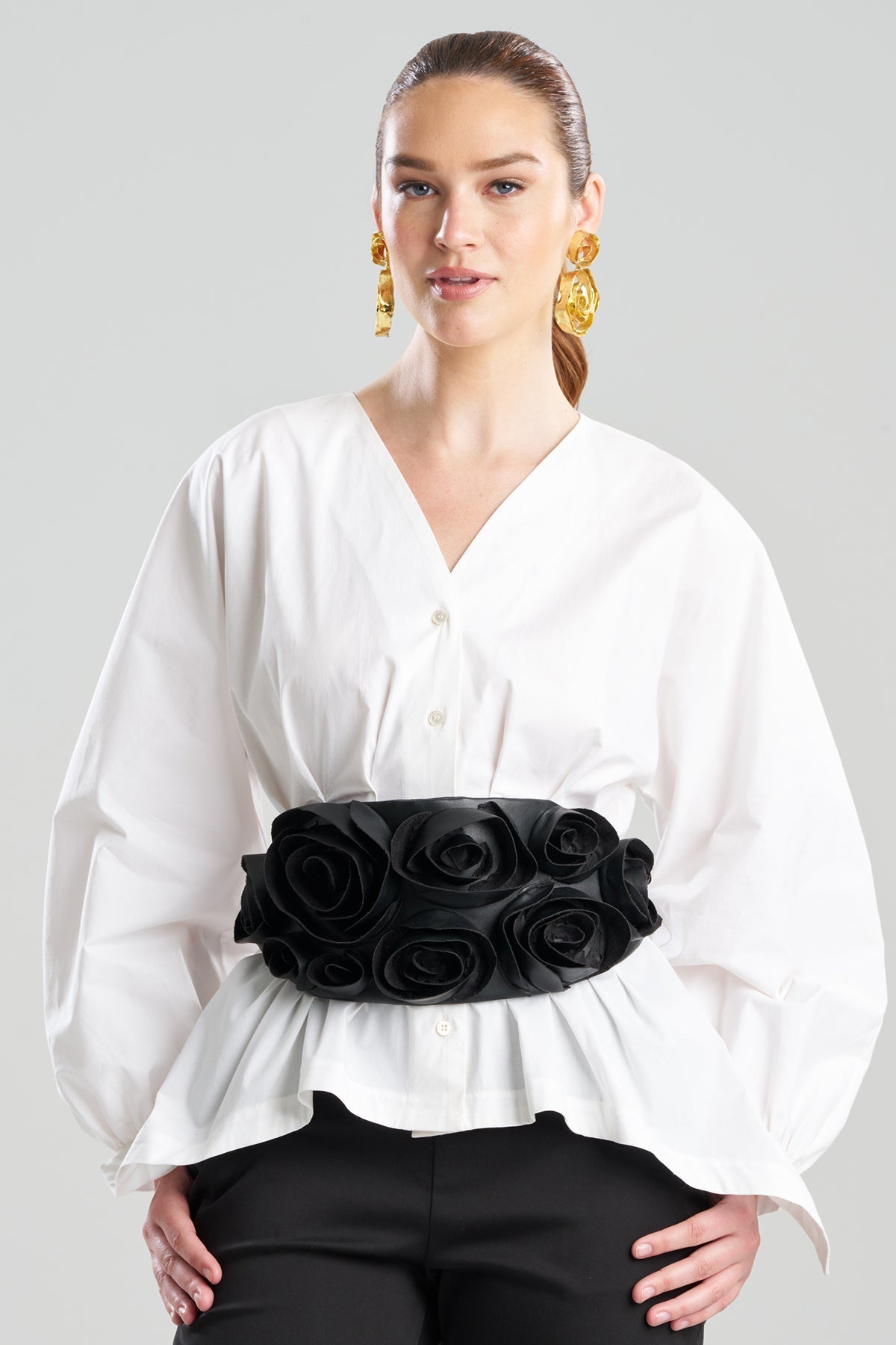 Vegan Luxe Lambskin 3D Floral Embroidered Obi Belt Black