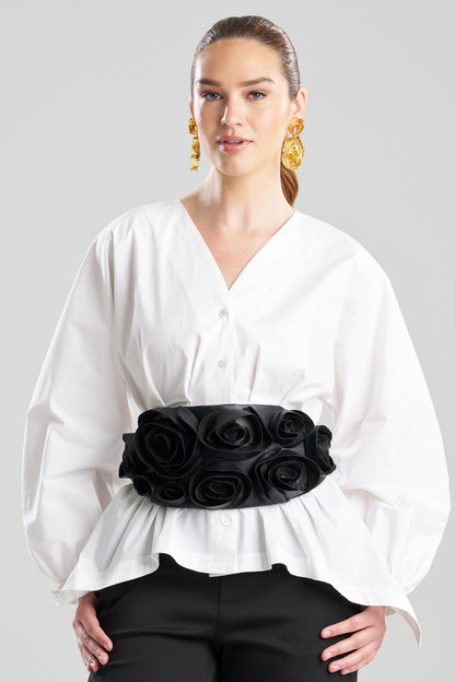 Vegan Luxe Lambskin 3D Floral Embroidered Obi Belt Black
