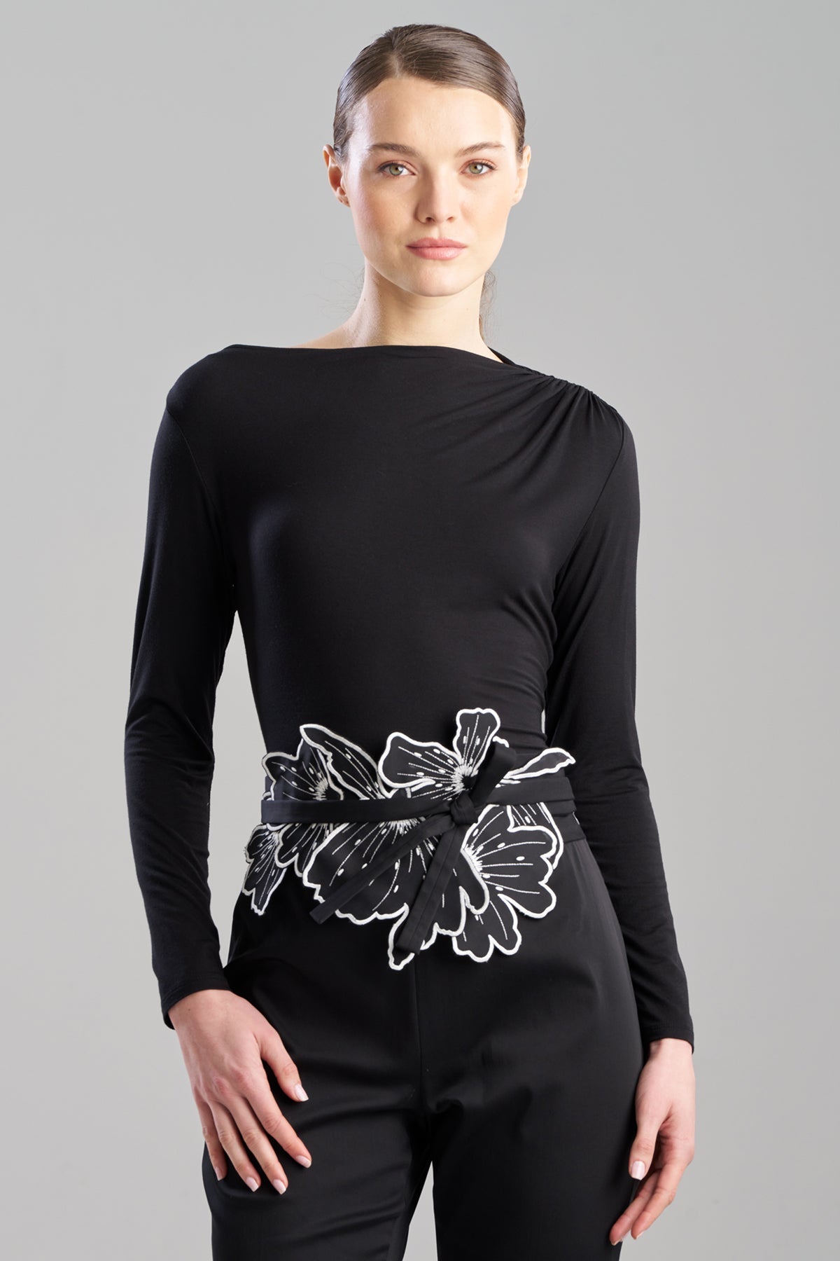 Cotton Chino Embroidered Floral Obi Belt Black