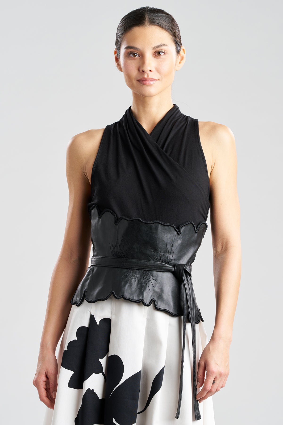 Vegan Luxe Lambskin Floral Embroidered Obi Belt Black
