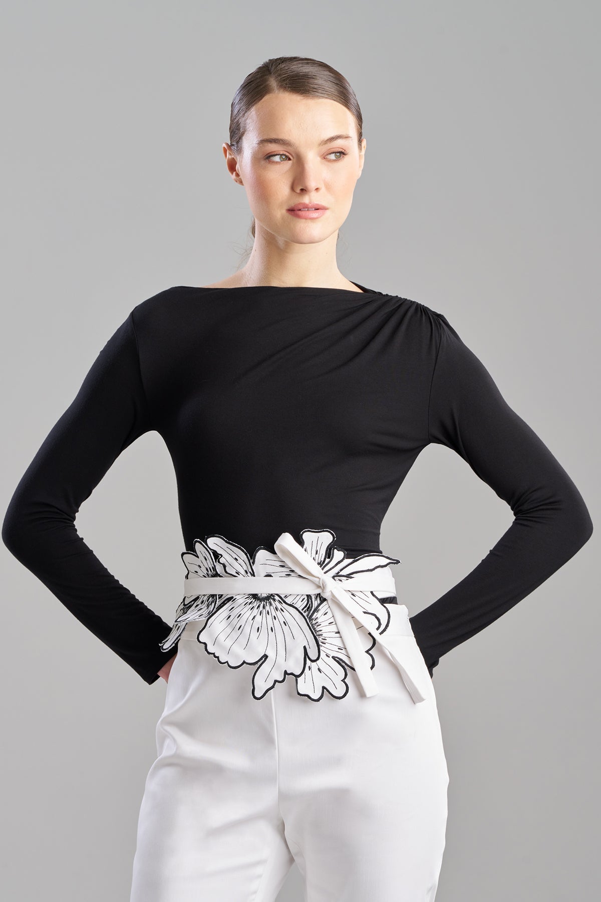 Cotton Chino Embroidered Floral Obi Belt White