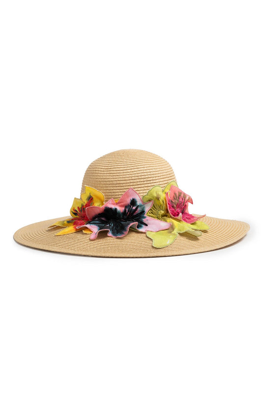 Ophelia Embroidered Cut-Out 3D Applique Straw Hat Natural