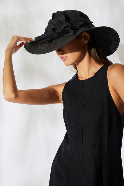 Techno Poplin Cut-Out 3D Applique Straw Hat Black