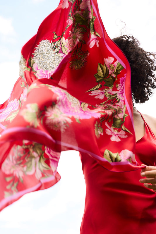 Silk Long Scarf Chrysanthemum Red