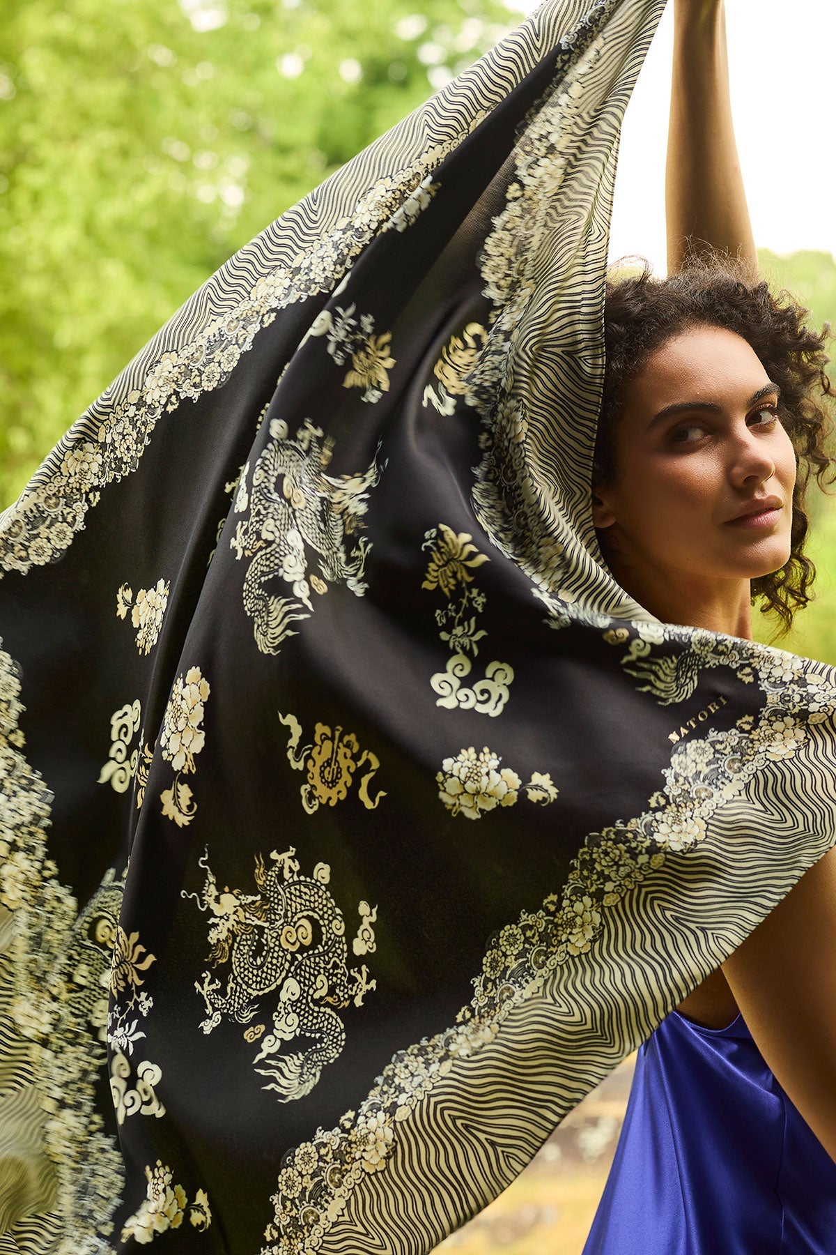 Silk Long Scarf Imperial Dragon Black/White