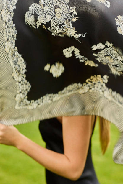 Silk Long Scarf Imperial Dragon Black/White