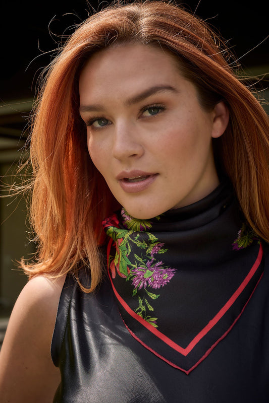 Silk Scarf Chrysanthemum Black