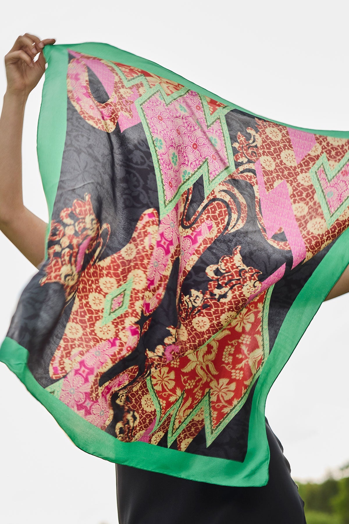 Silk Long Scarf Mikado Black Multi