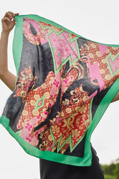 Silk Long Scarf Mikado Black Multi