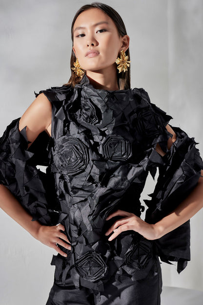 Couture Silk Dupioni Embellished Shawl Black