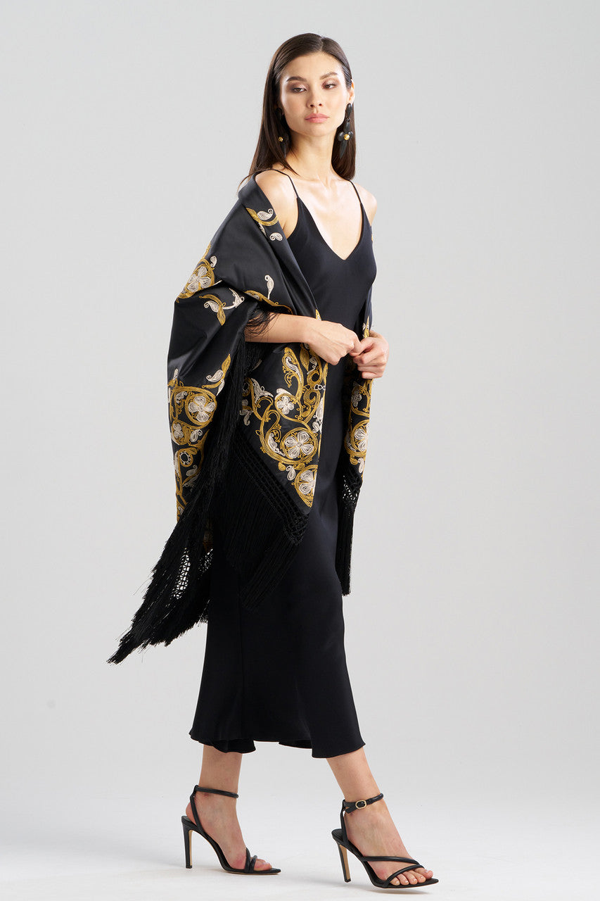 Buy Silk Dupioni Embroidered Silk Fringe Shawl in Black Online Black