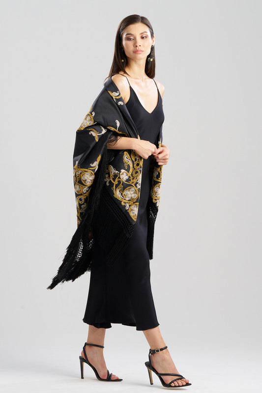Buy Silk Dupioni Embroidered Silk Fringe Shawl in Black Online Black