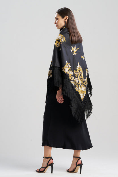 Buy Silk Dupioni Embroidered Silk Fringe Shawl in Black Online Black