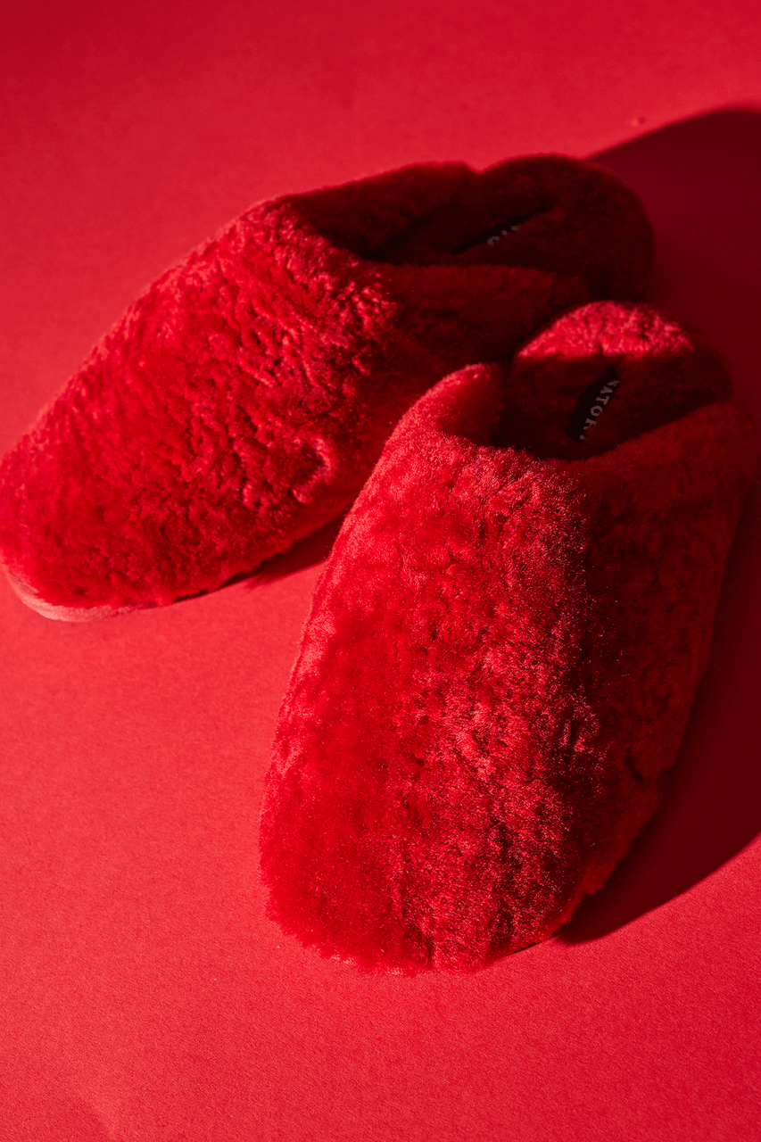 Buy Bliss Genuine Shearling Slide in Brocade Red Online Brocade Red