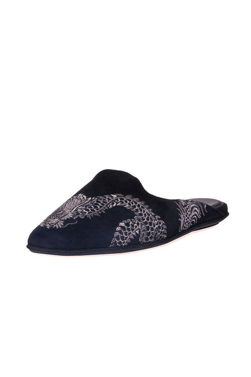 Buy Image Suede Dragon Embroidery Slide in Black Suede Online Black Suede
