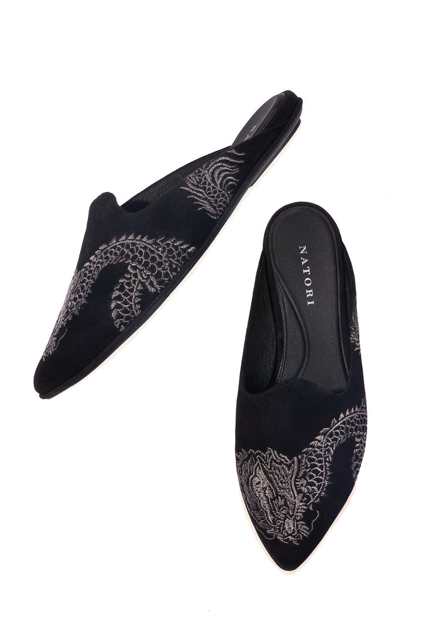 Buy Image Suede Dragon Embroidery Slide in Black Suede Online Black Suede