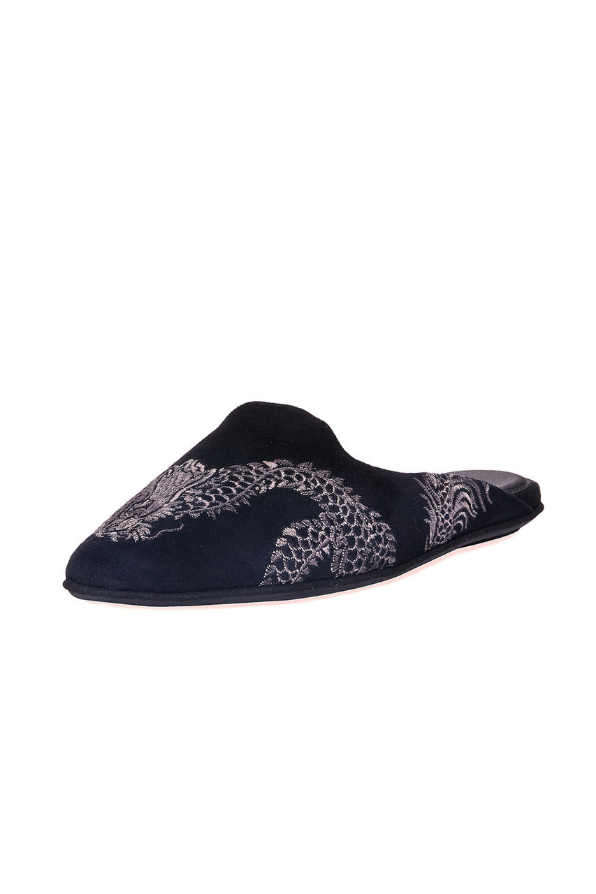 Buy Image Suede Dragon Embroidery Slide in Black Suede Online Black Suede