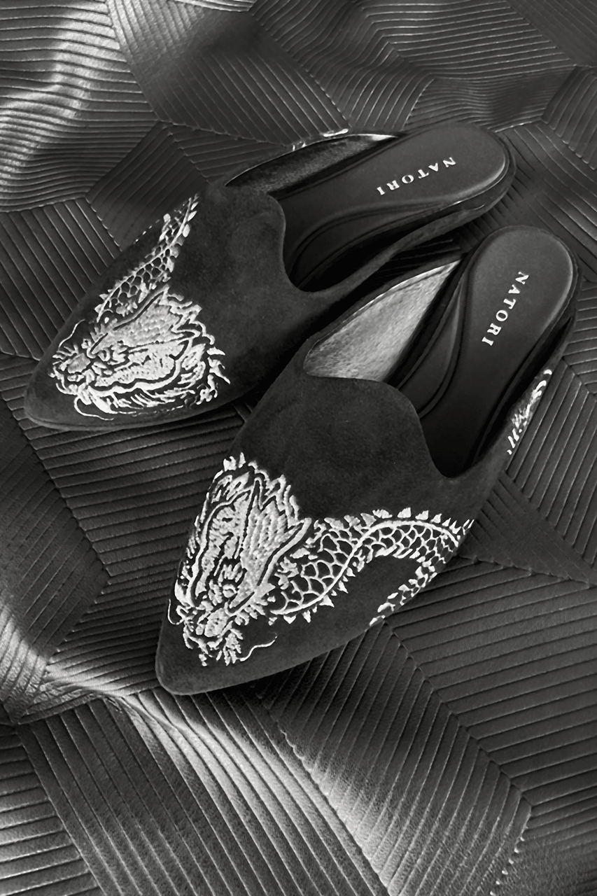 Buy Image Suede Dragon Embroidery Slide in Black Suede Online Black Suede