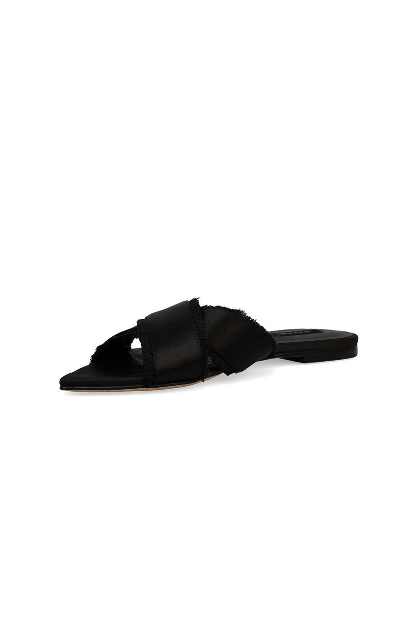 Buy Wayu Satin Fringe Cross Slide Sandals in Black Online Black